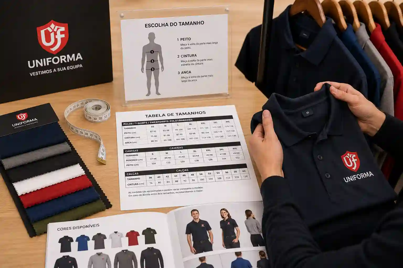 Amostras de vestuário profissional organizadas por tamanho