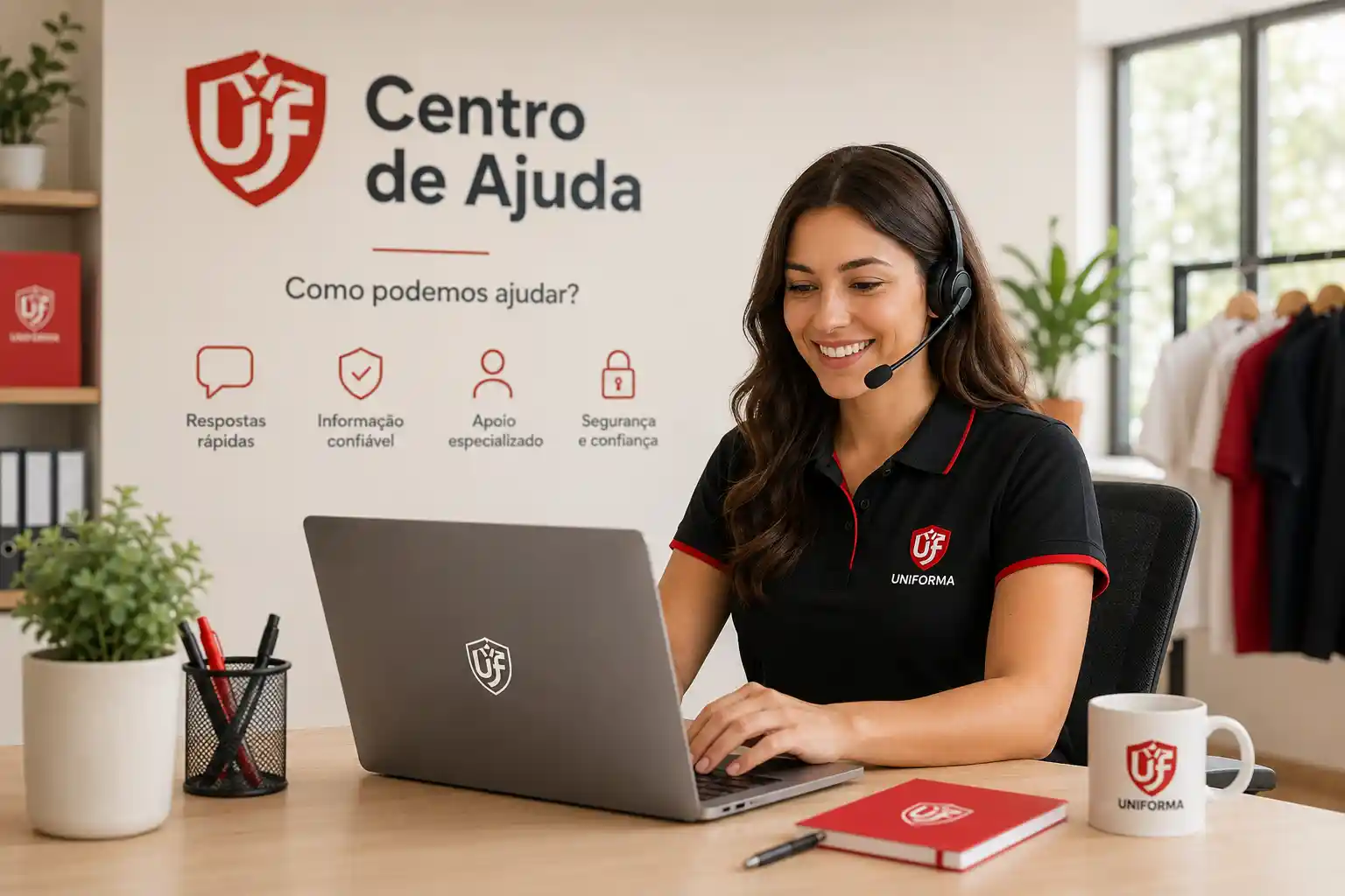 Equipa Uniforma a apoiar um cliente num projeto de fardamento profissional