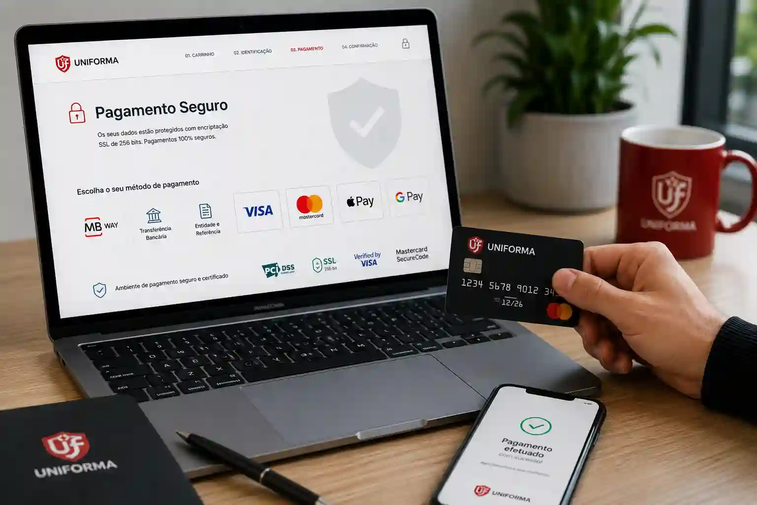 Pagamento seguro de uma encomenda de fardamento profissional