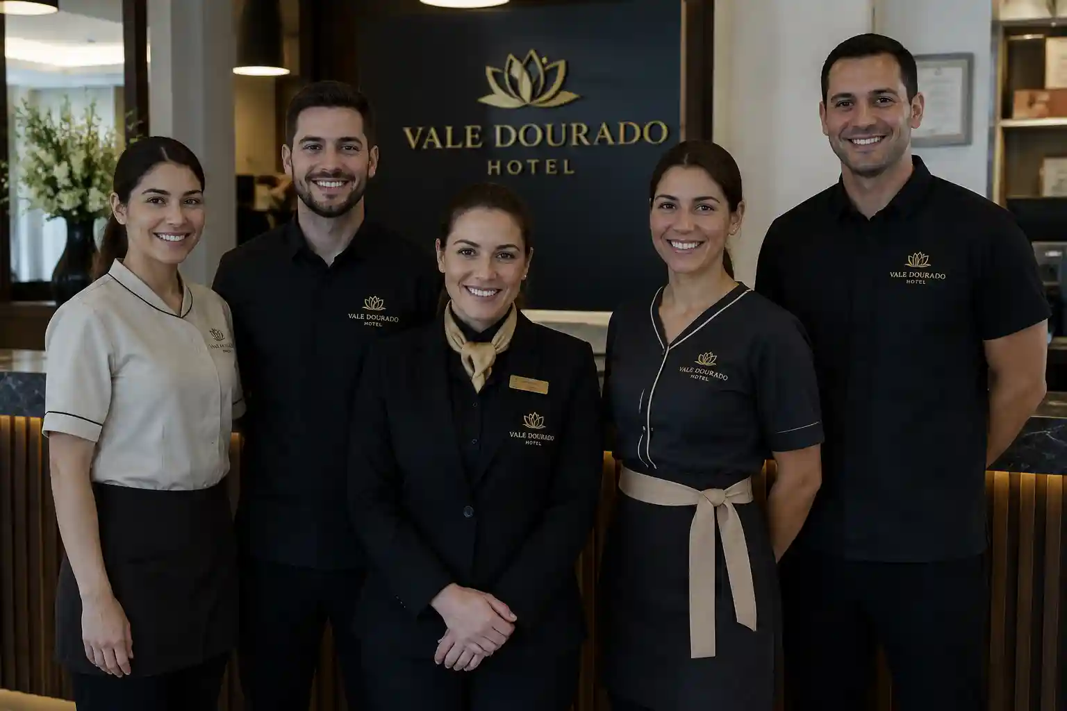 Equipa de hotelaria com fardamento personalizado